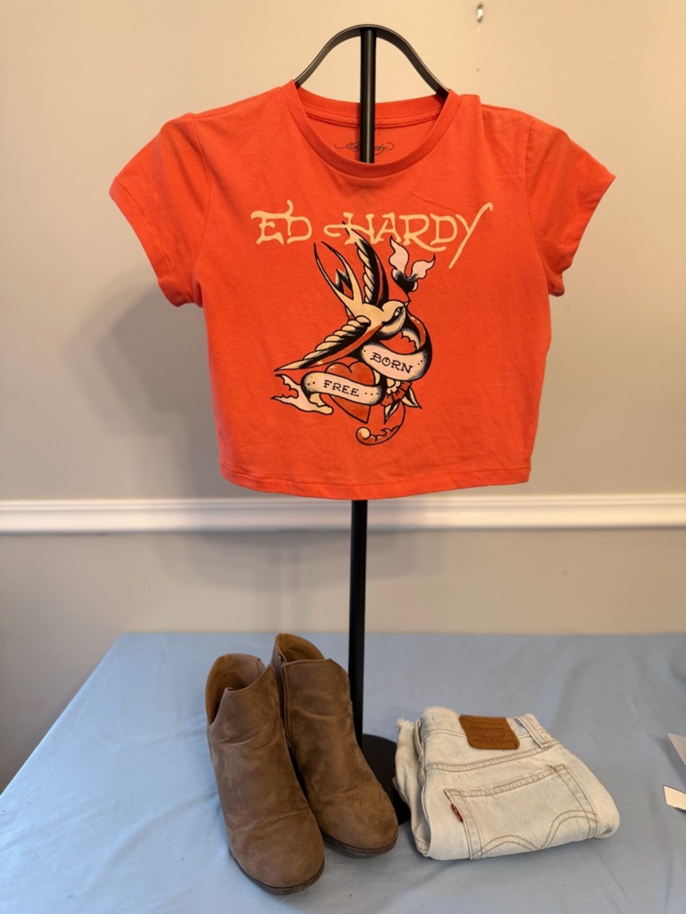 Ed Hardy Cropped Graphic Baby Tee Orange Y2K Tattoo Heart Bird Born Free Size M